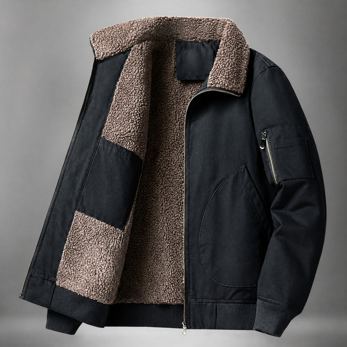 Thomas - Men's Sherpa-Collar Flight Bomber Jacket with Zip Pockets
