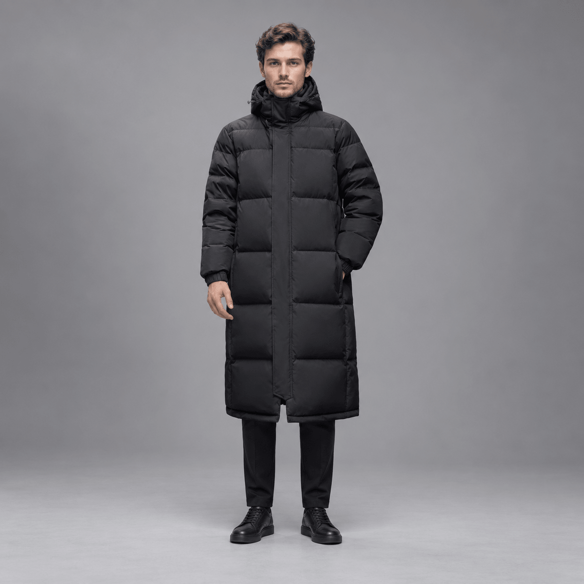 Tom - Men's Longline Hooded Puffer Coat with Zip Front