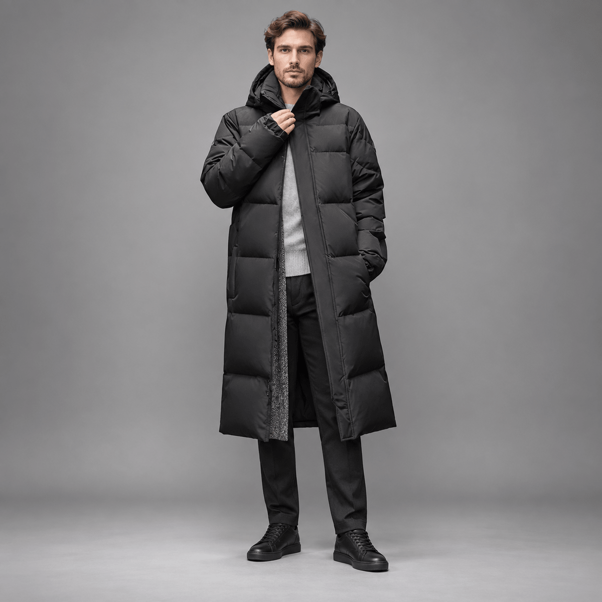 Tom - Men's Longline Hooded Puffer Coat with Zip Front