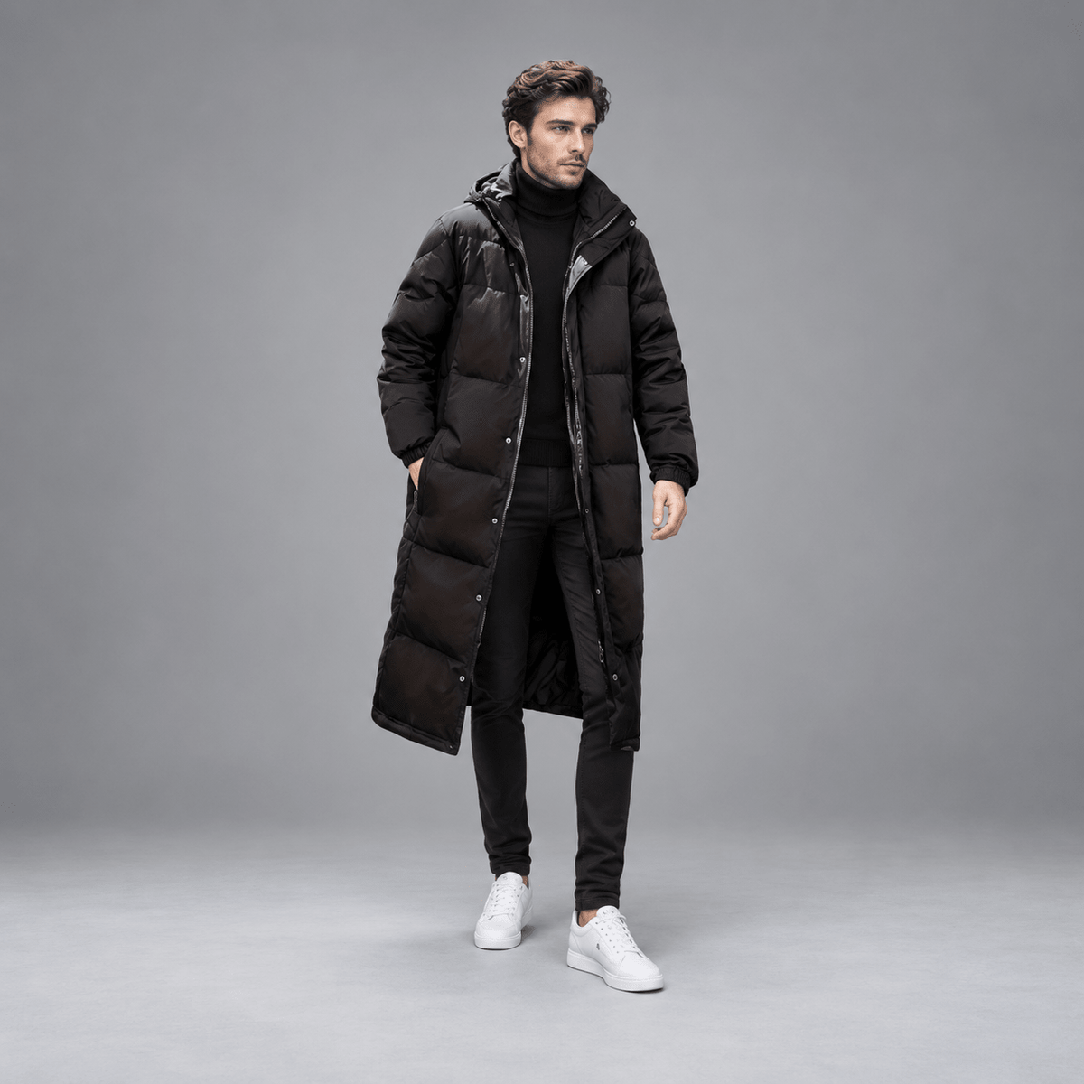 Tom - Men's Longline Hooded Puffer Coat with Zip Front