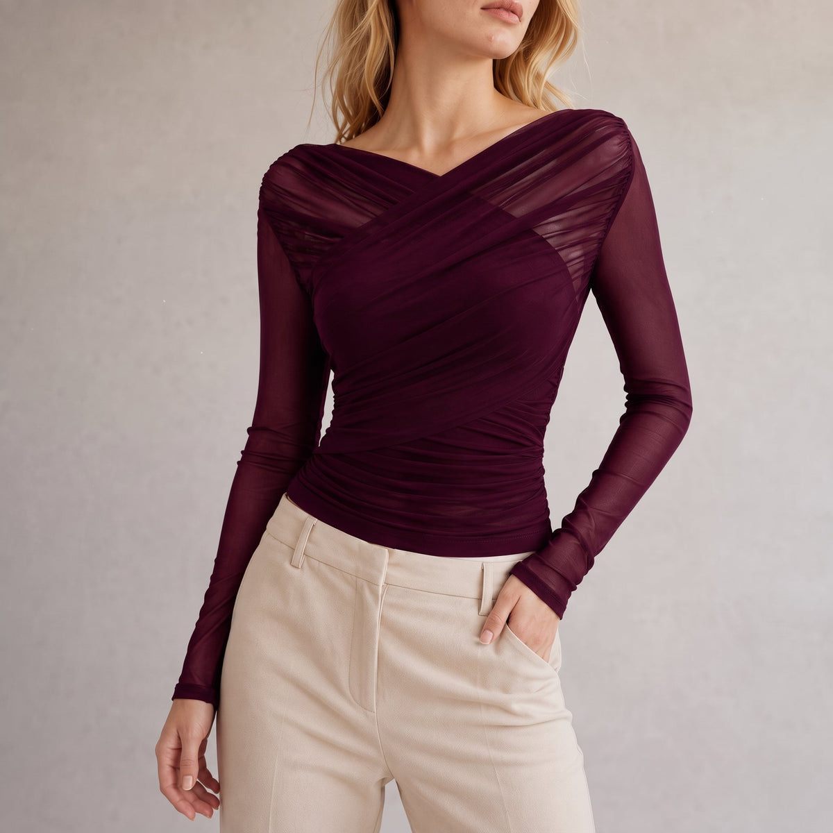Zoe - Women's Sheer Ruched Long Sleeve Top with Wrap Neckline